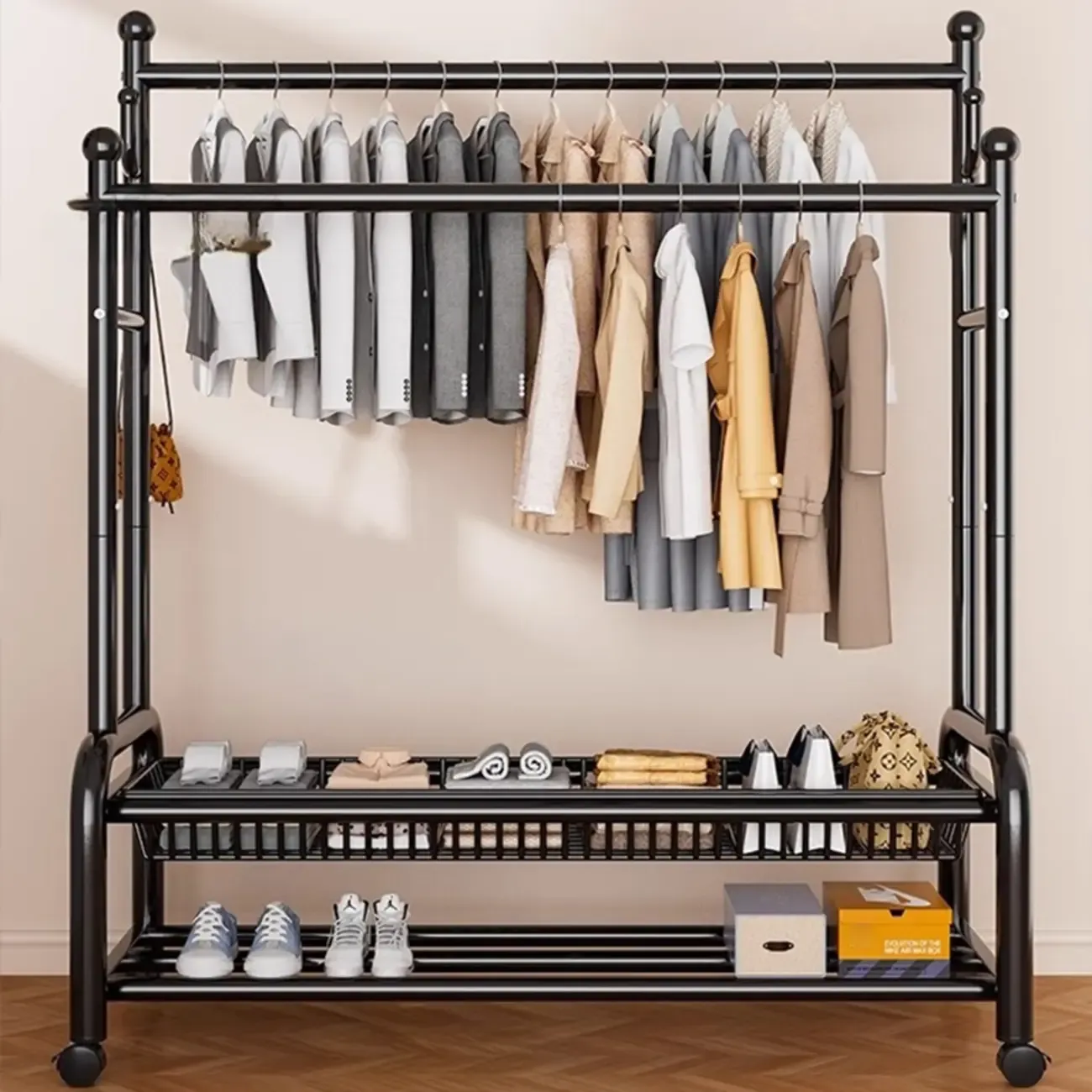 Glam Metal Coat Rack with Shelves and Shoe Storage Image - 3