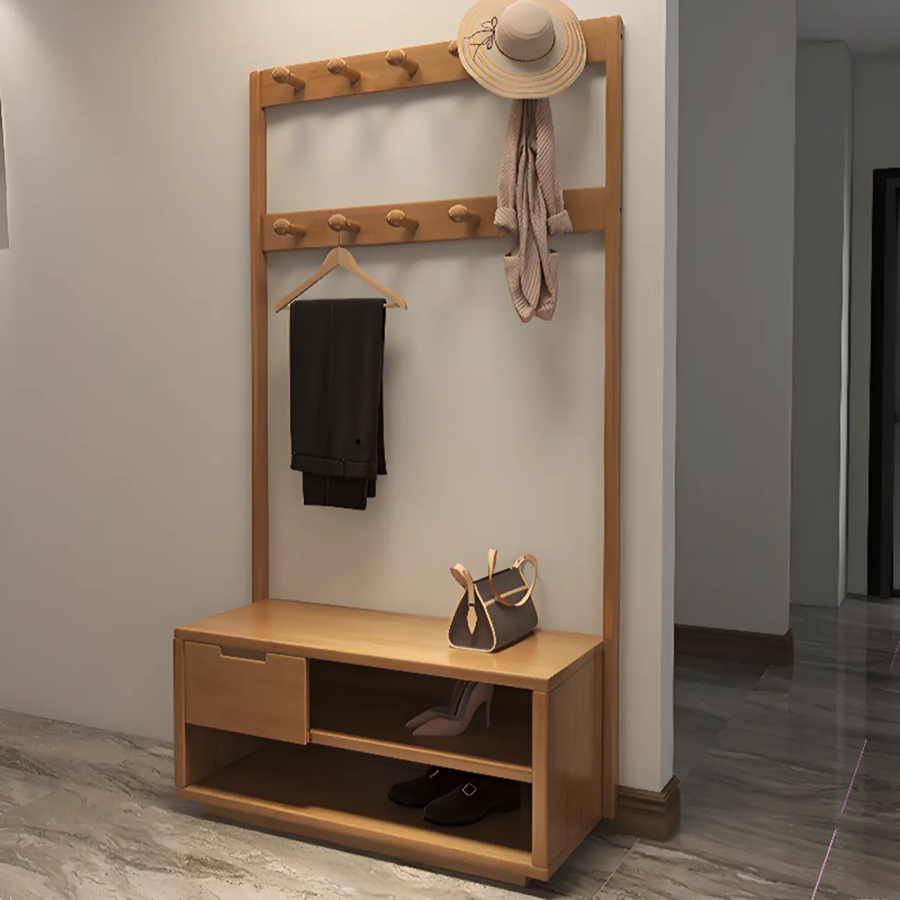 Scandinavian Wooden Coat Rack with Shoe Storage Image - 7 | homeyfad