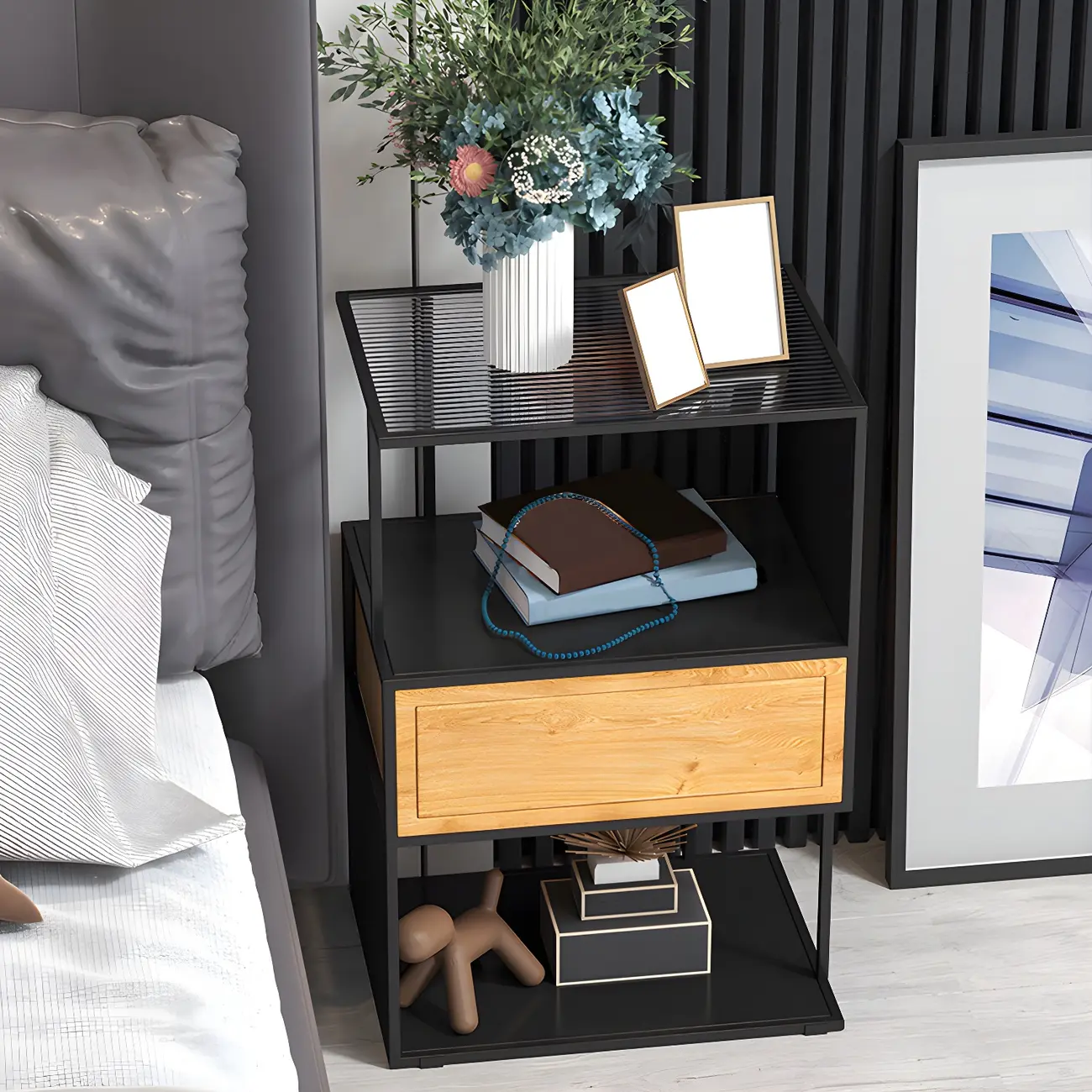 Modern Grey Nightstand Glass Top 1 Drawer Open Shelves Storage Image - 4 | homeyfad