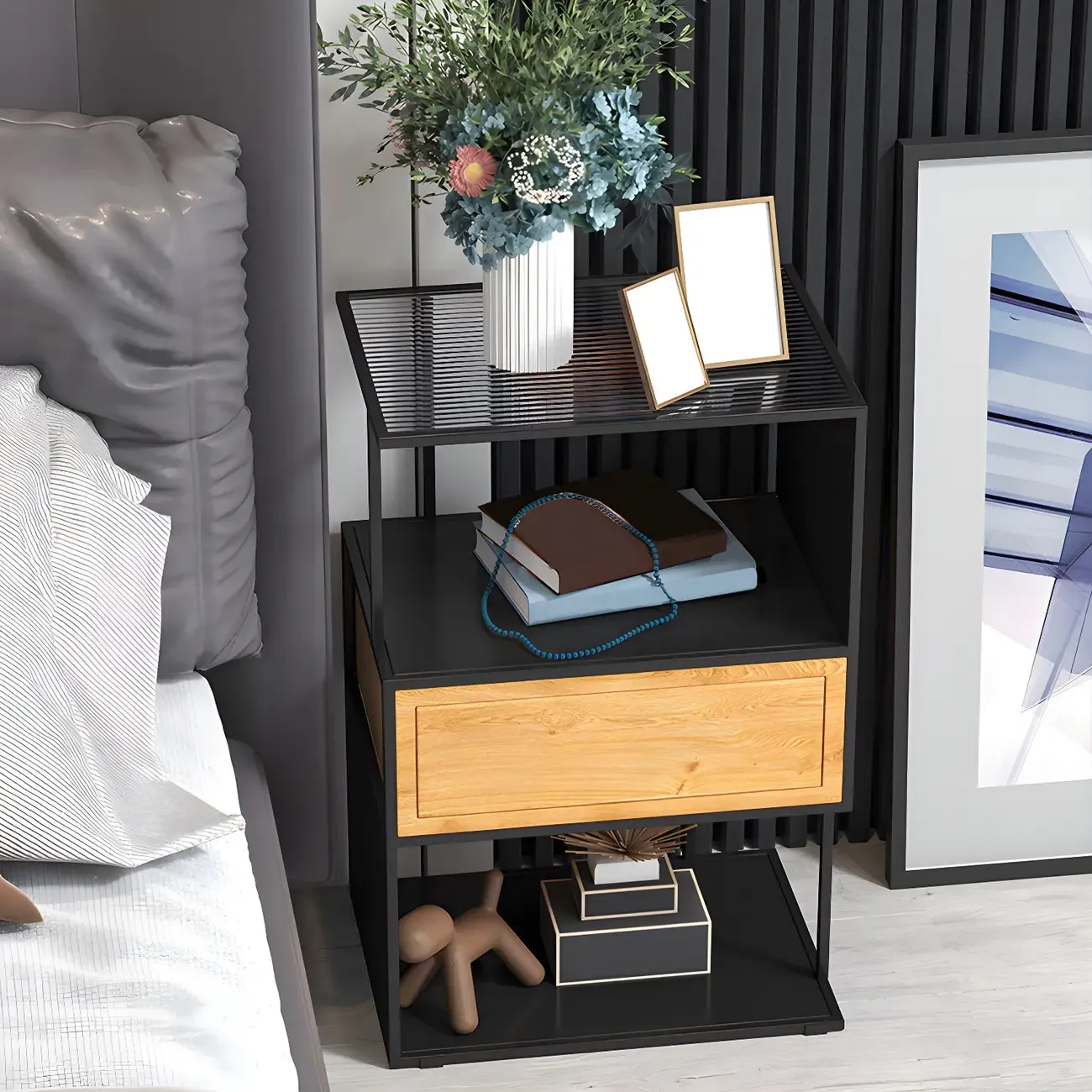 Modern Grey Nightstand Glass Top 1 Drawer Open Shelves Storage Image - 4