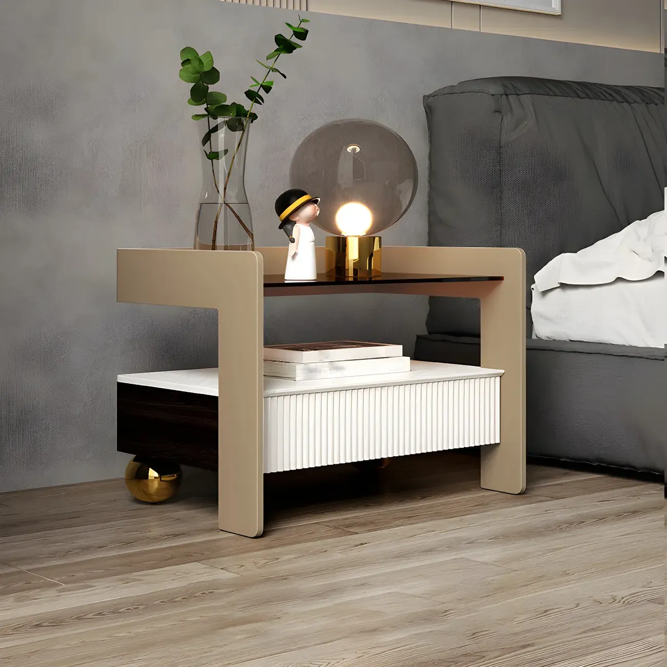 Modern Bedside Table with Drawer Glass Top and Open Storage Image - 13
