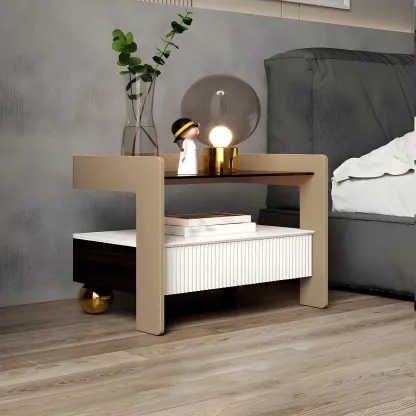 Modern Bedside Table with Drawer Glass Top and Open Storage Image - 13