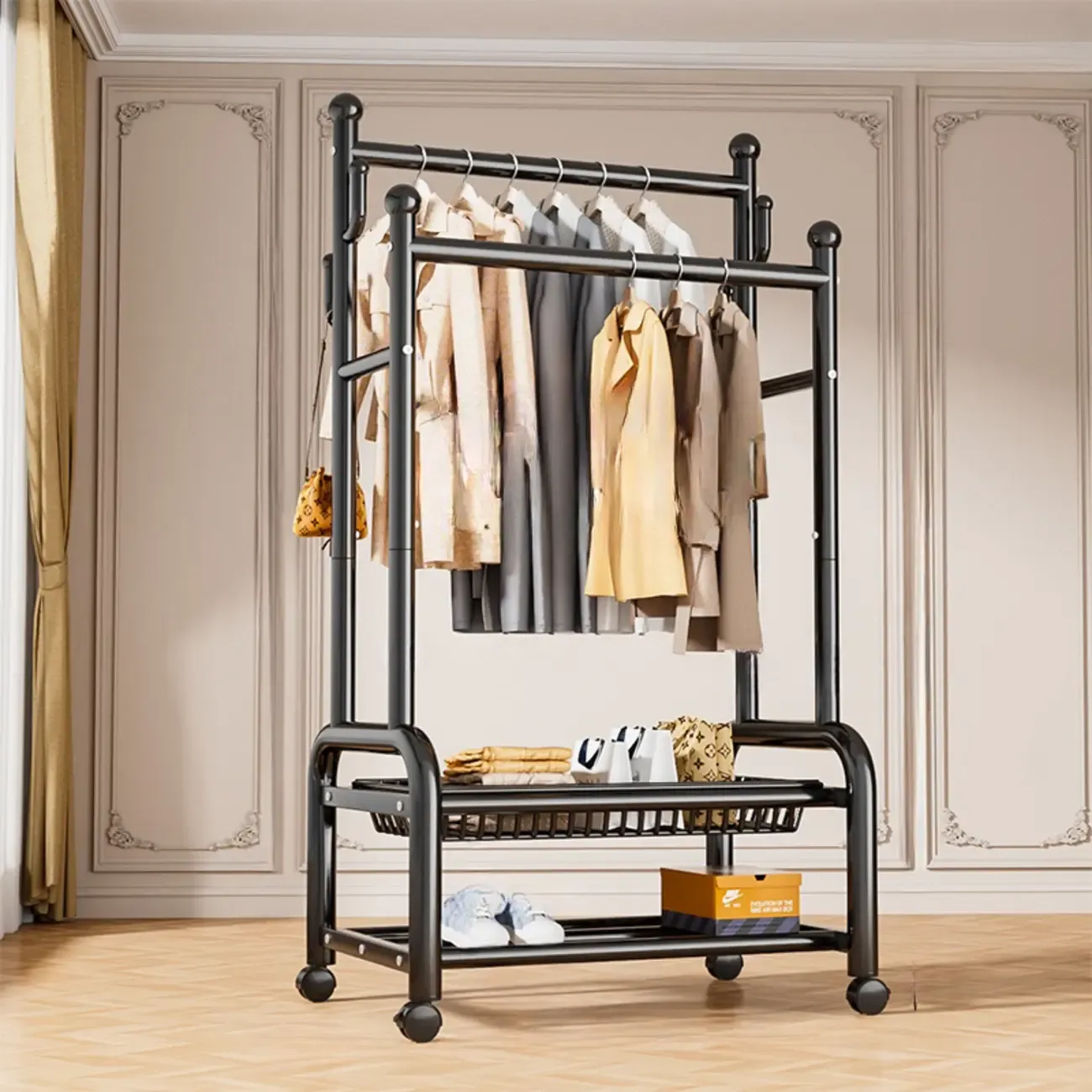 Glam Metal Coat Rack with Shelves and Shoe Storage Image - 4