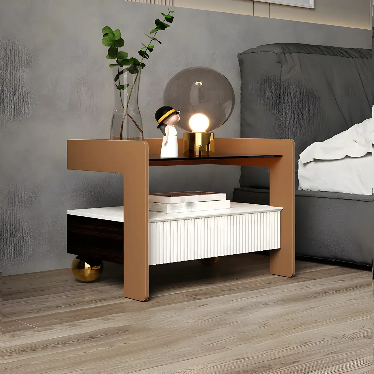 Modern Bedside Table with Drawer Glass Top and Open Storage Image - 14
