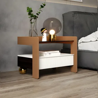 Modern Bedside Table with Drawer Glass Top and Open Storage Image - 14