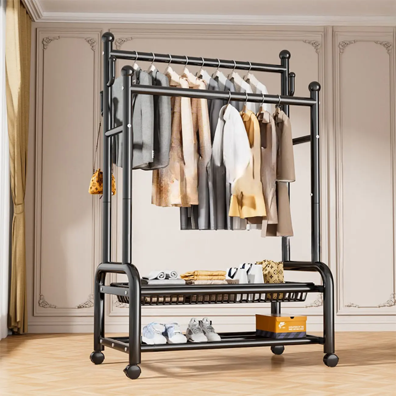 Glam Metal Coat Rack with Shelves and Shoe Storage Image - 5 | homeyfad