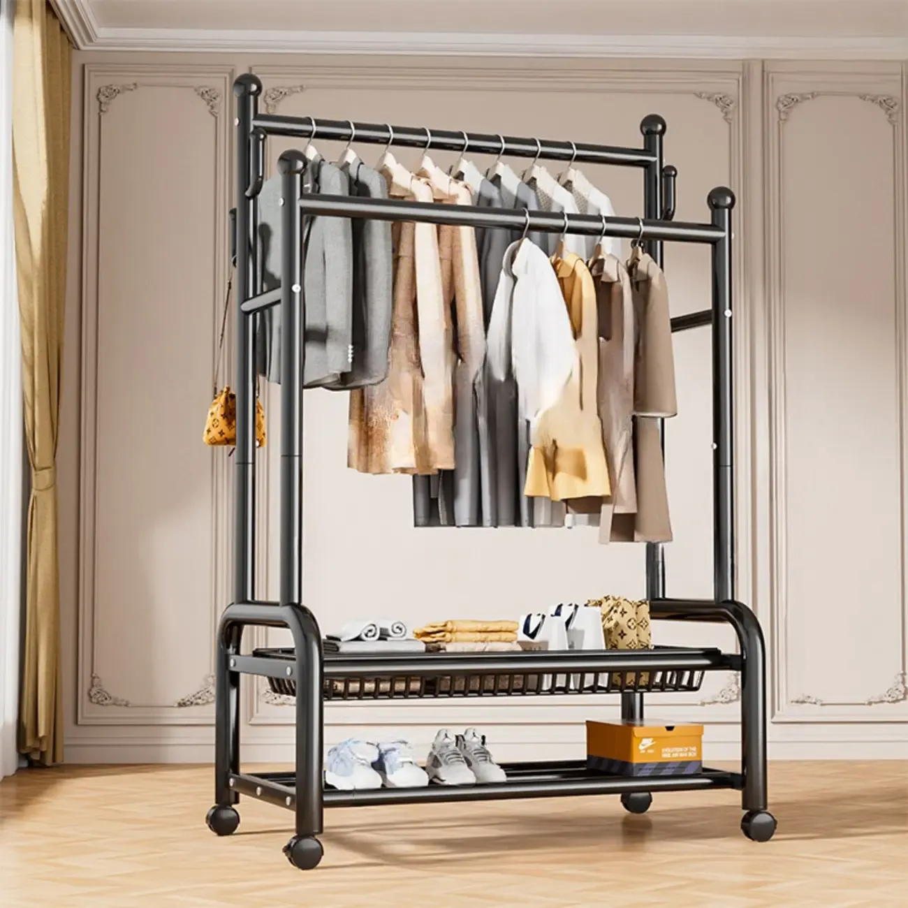 Glam Metal Coat Rack with Shelves and Shoe Storage Image - 5