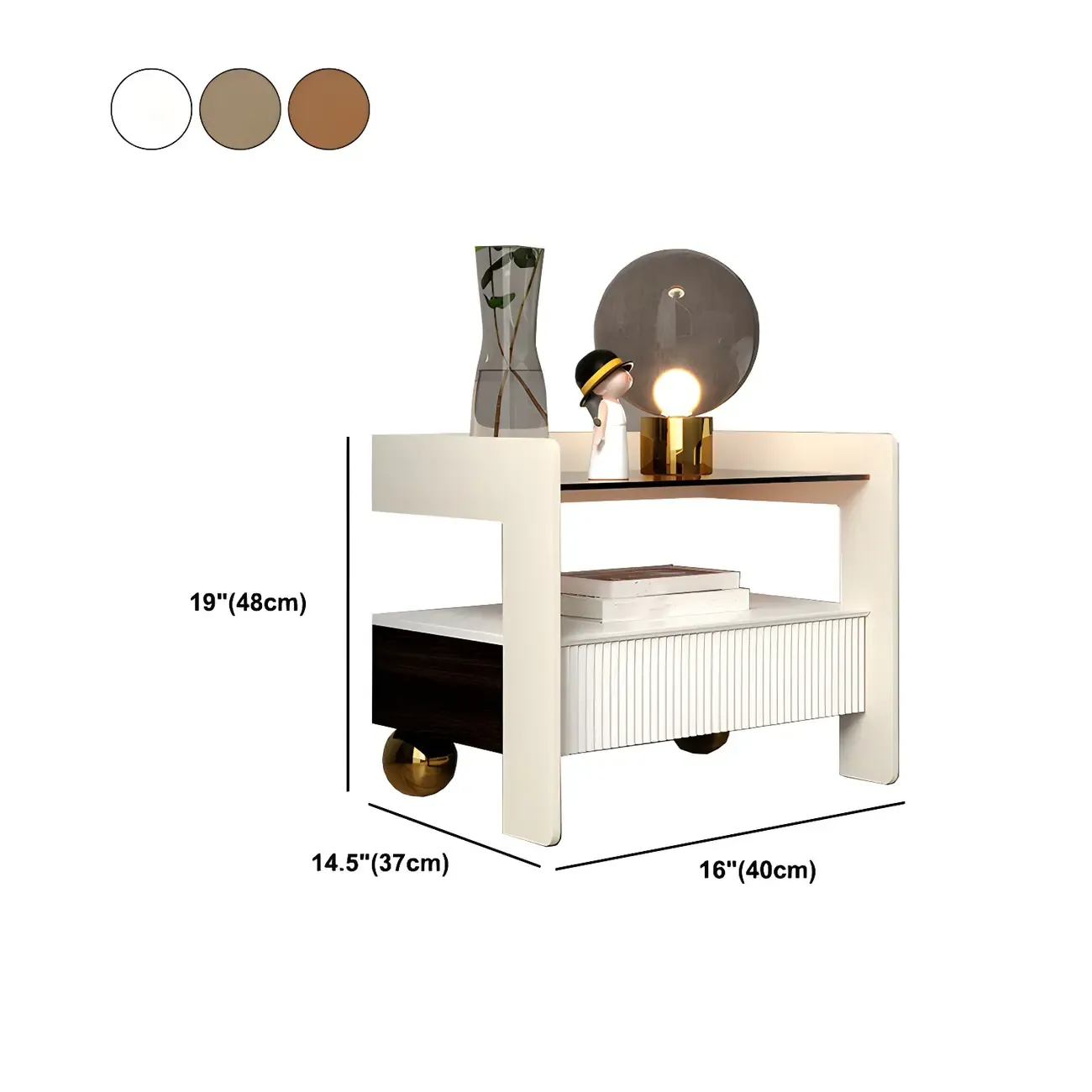Modern Bedside Table with Drawer Glass Top and Open Storage #size