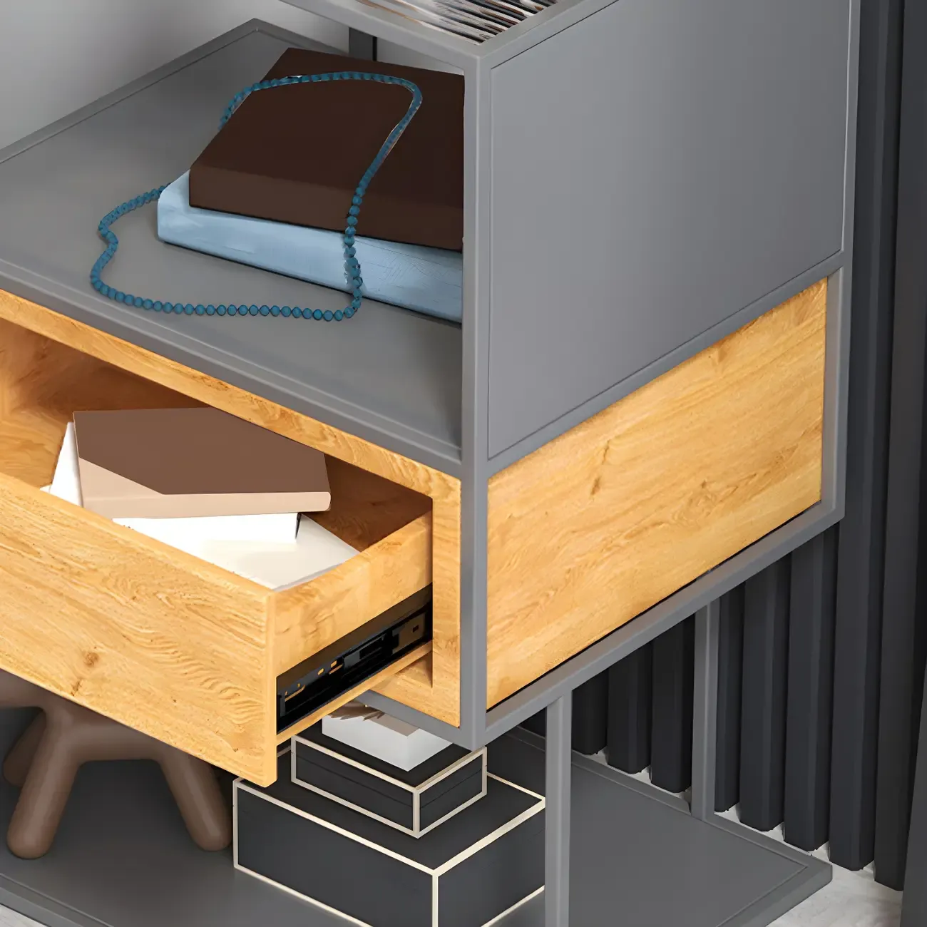 Modern Grey Nightstand Glass Top 1 Drawer Open Shelves Storage Image - 7