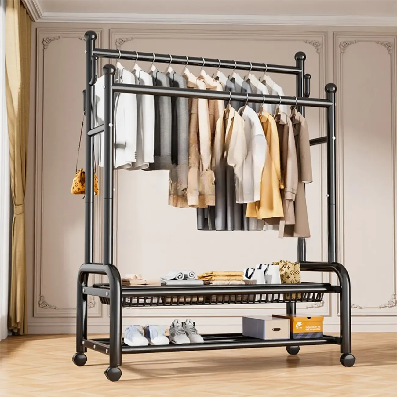 Glam Metal Coat Rack with Shelves and Shoe Storage Image - 7