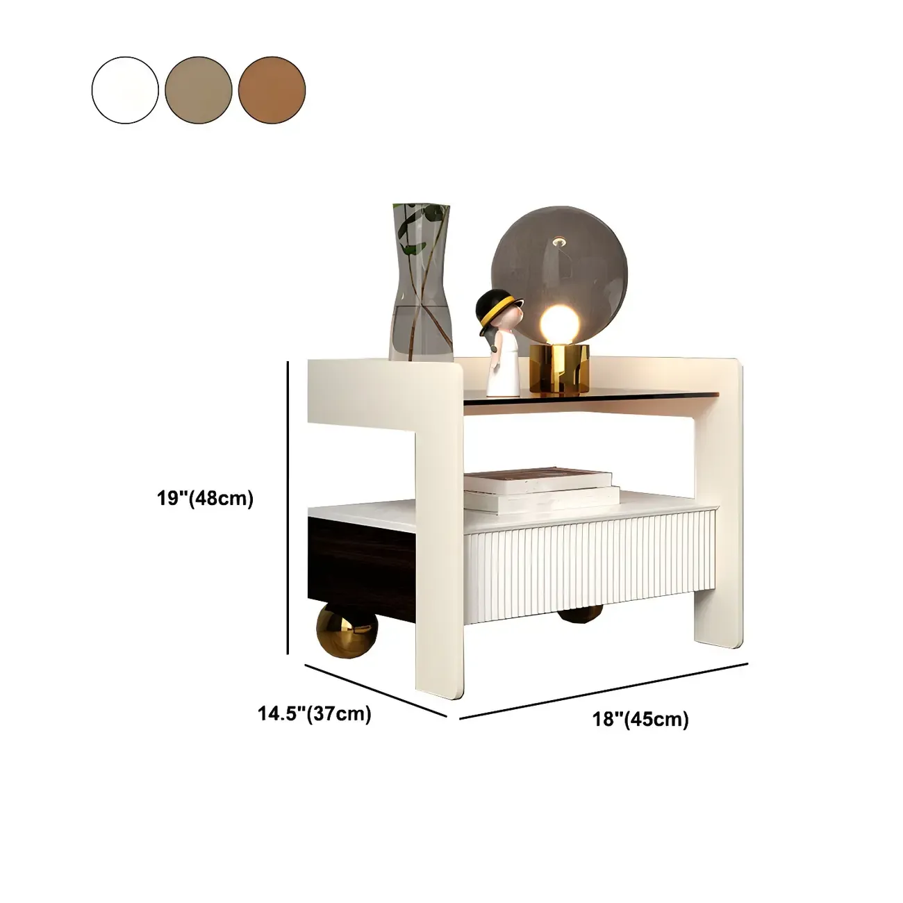 Modern Bedside Table with Drawer Glass Top and Open Storage Image - 17