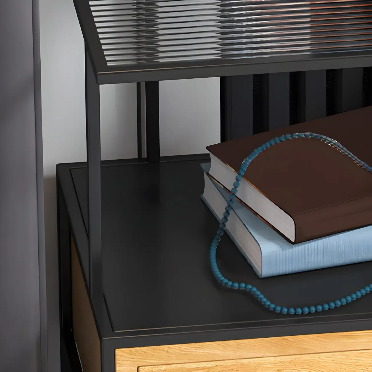 Modern Grey Nightstand Glass Top 1 Drawer Open Shelves Storage Image - 8