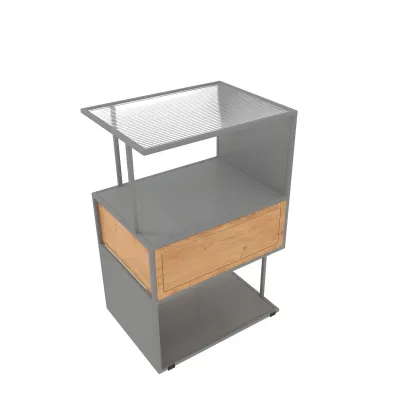 Modern Grey Nightstand Glass Top 1 Drawer Open Shelves Storage Image - 9