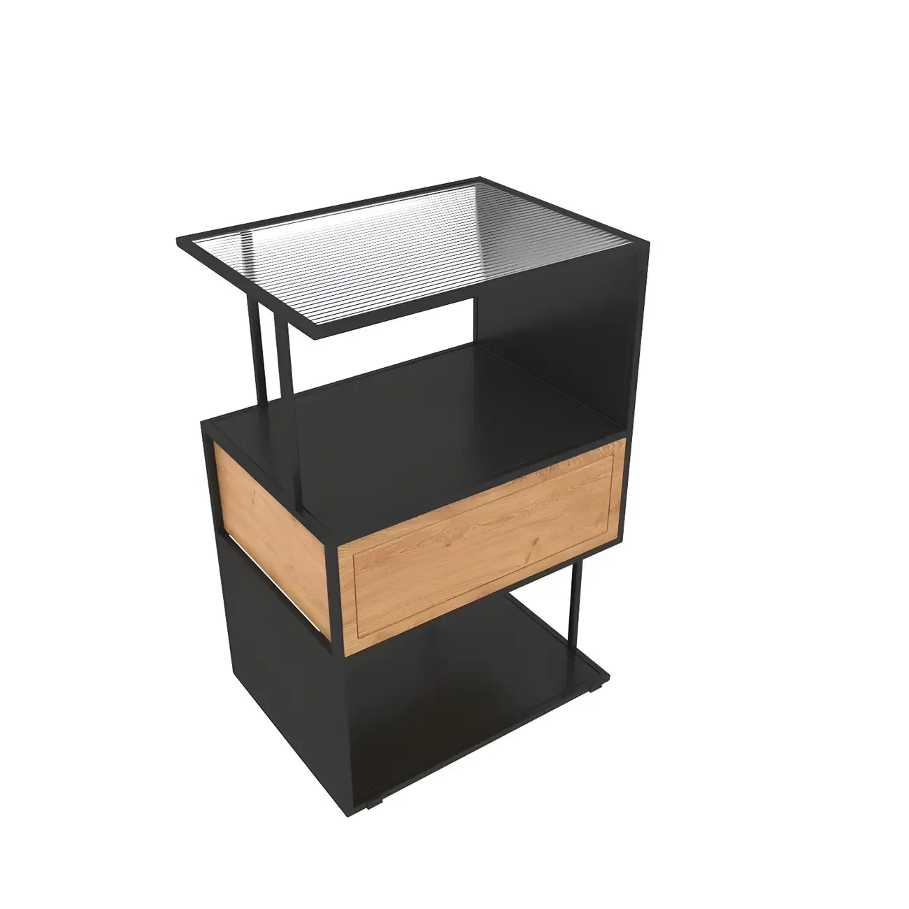 Modern Grey Nightstand Glass Top 1 Drawer Open Shelves Storage Image - 10