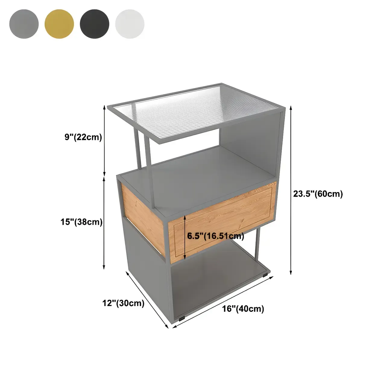 Modern Grey Nightstand Glass Top 1 Drawer Open Shelves Storage #size