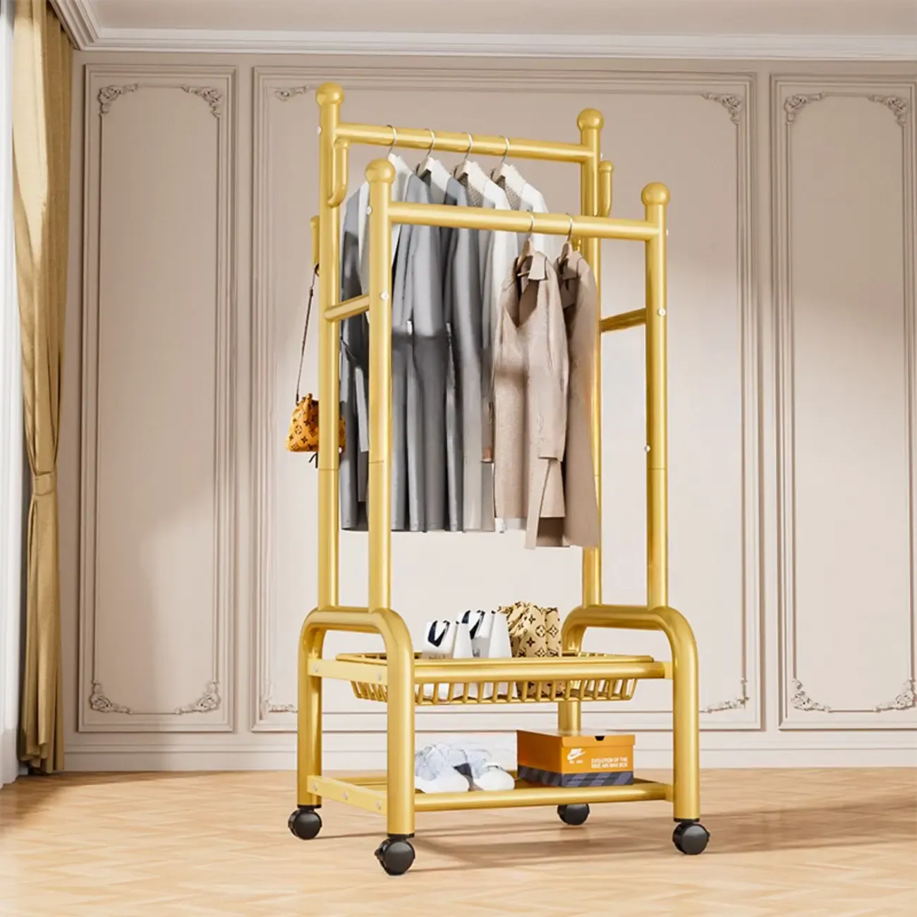 Glam Metal Coat Rack with Shelves and Shoe Storage Image - 20