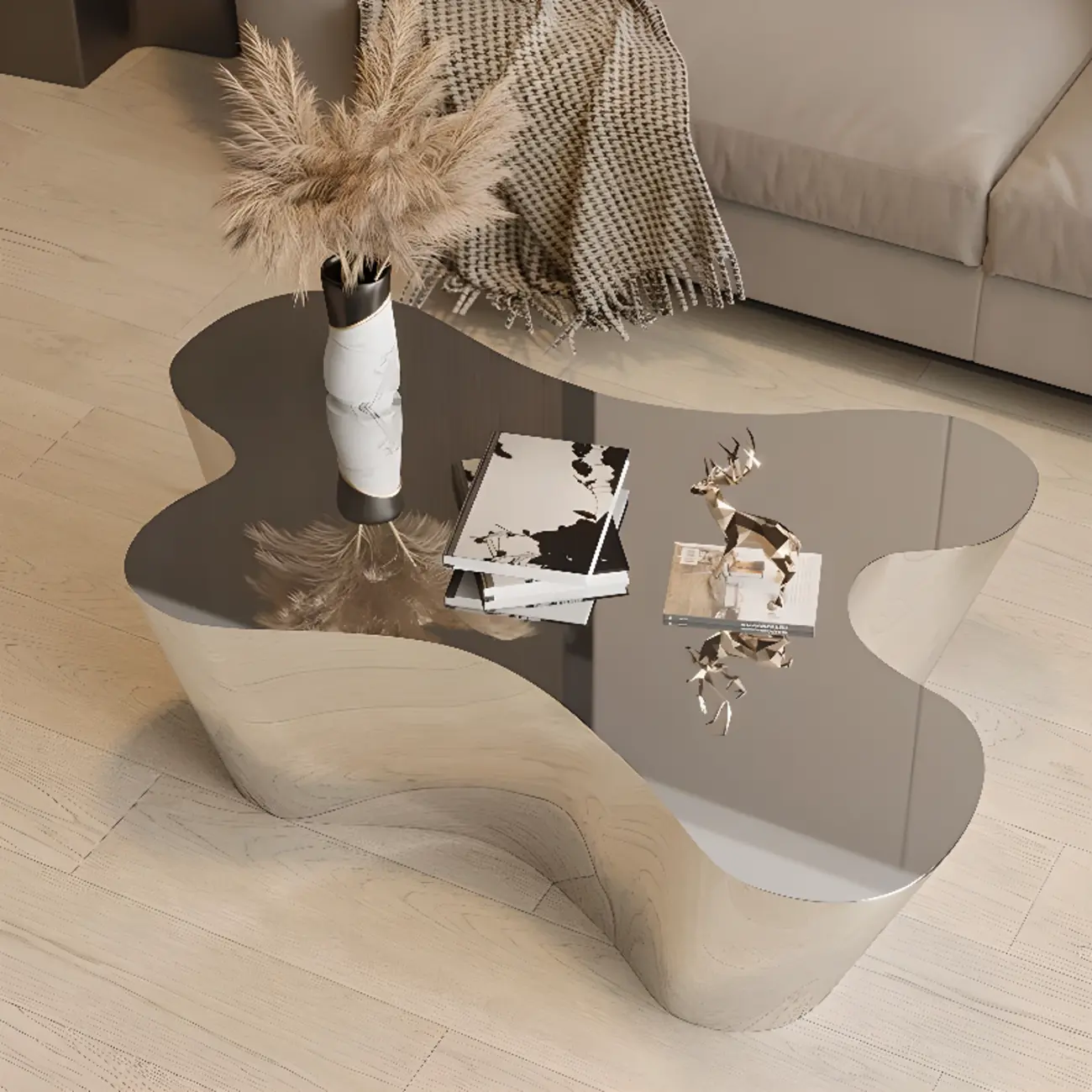 Modern Abstract Unique Silver Coffee Table with Free Form Image - 3 | homeyfad