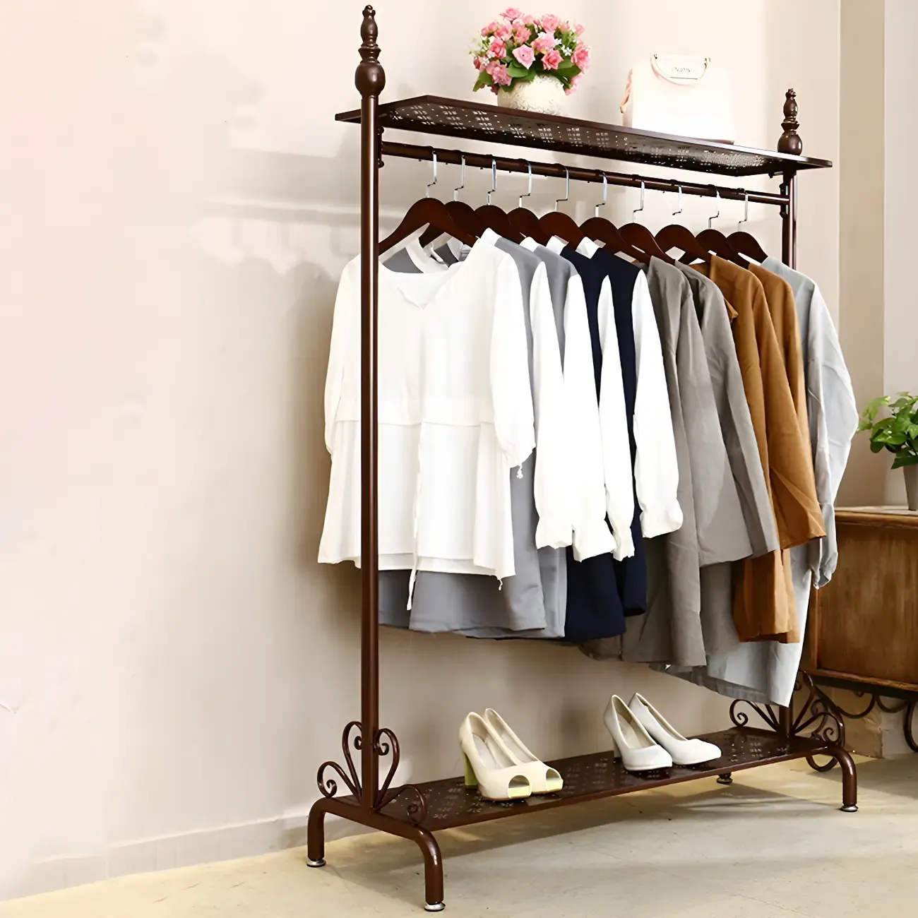 Vintage Metal Coat Rack with Shelves and Hooks Image - 1