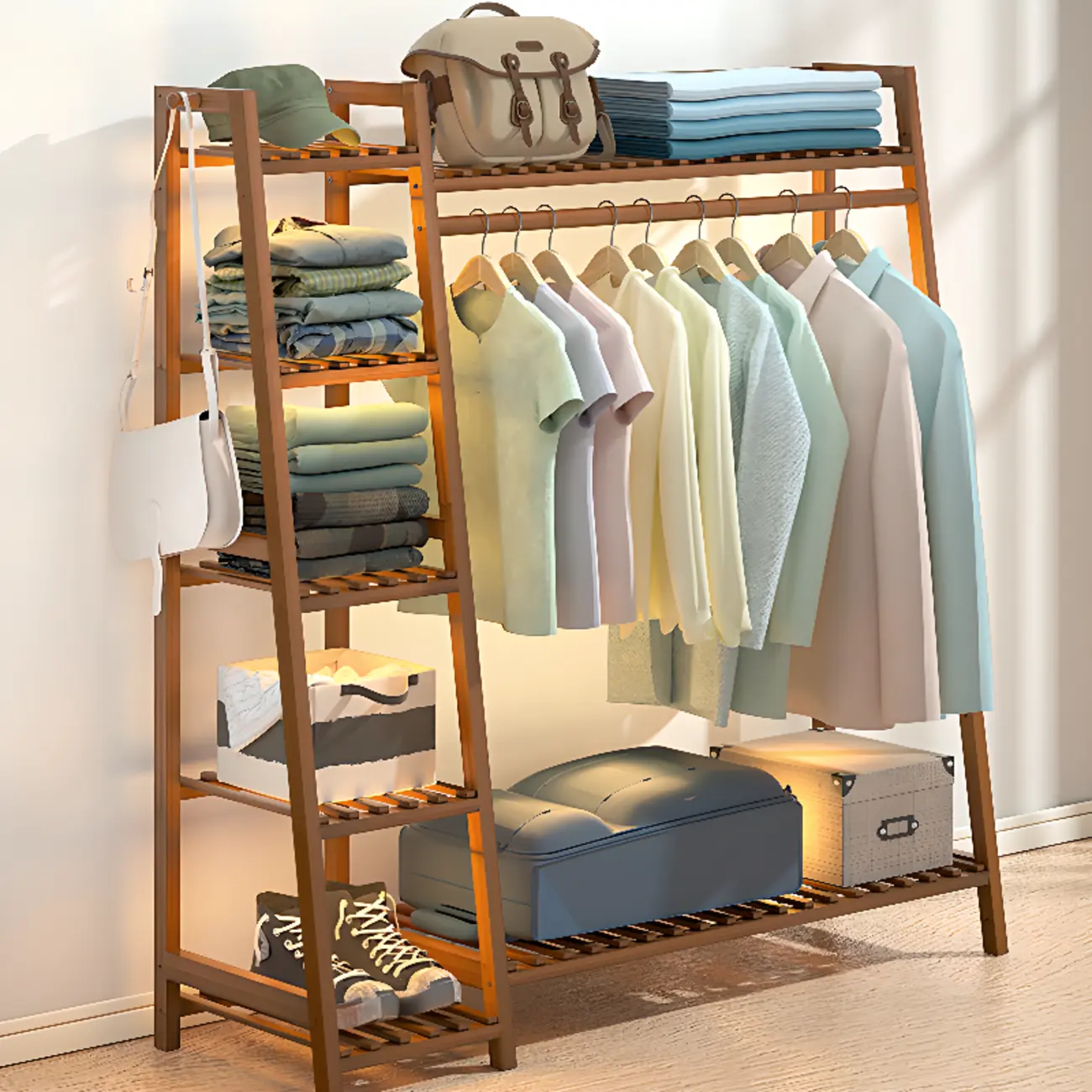 Modern Bamboo Coat Rack with Ample Storage Shelves Image - 1 | homeyfad