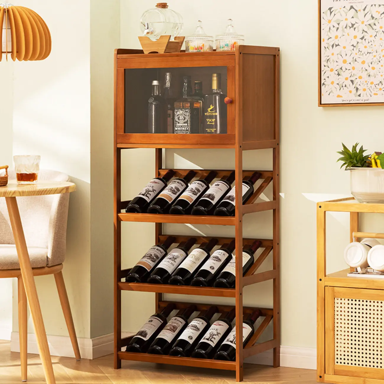 Rustic Freestanding Natural Wooden Wine Rack Cabinet Image - 1 | homeyfad