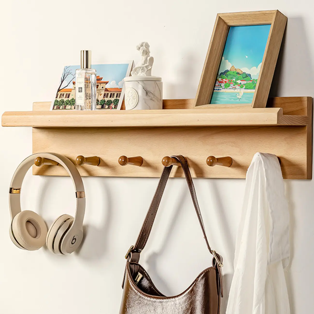 Scandinavian Wooden Wall Rack with Open Storage Image - 1 | homeyfad