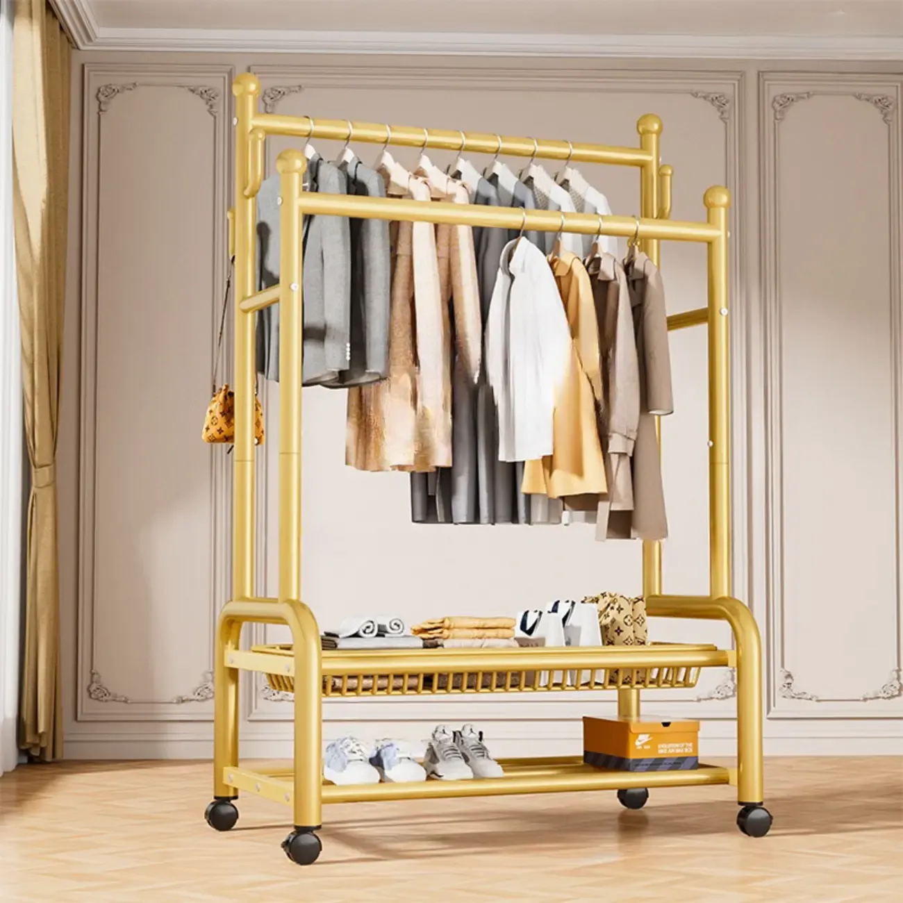 Glam Metal Coat Rack with Shelves and Shoe Storage Image - 22