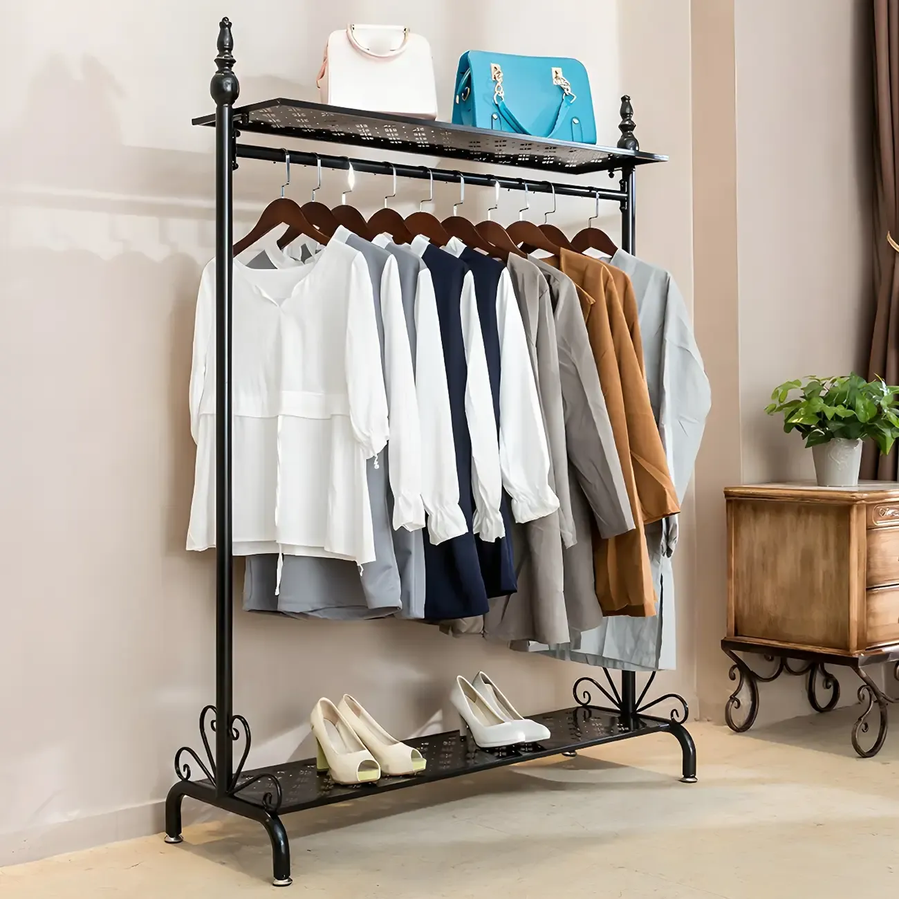 Vintage Metal Coat Rack with Shelves and Hooks Image - 2