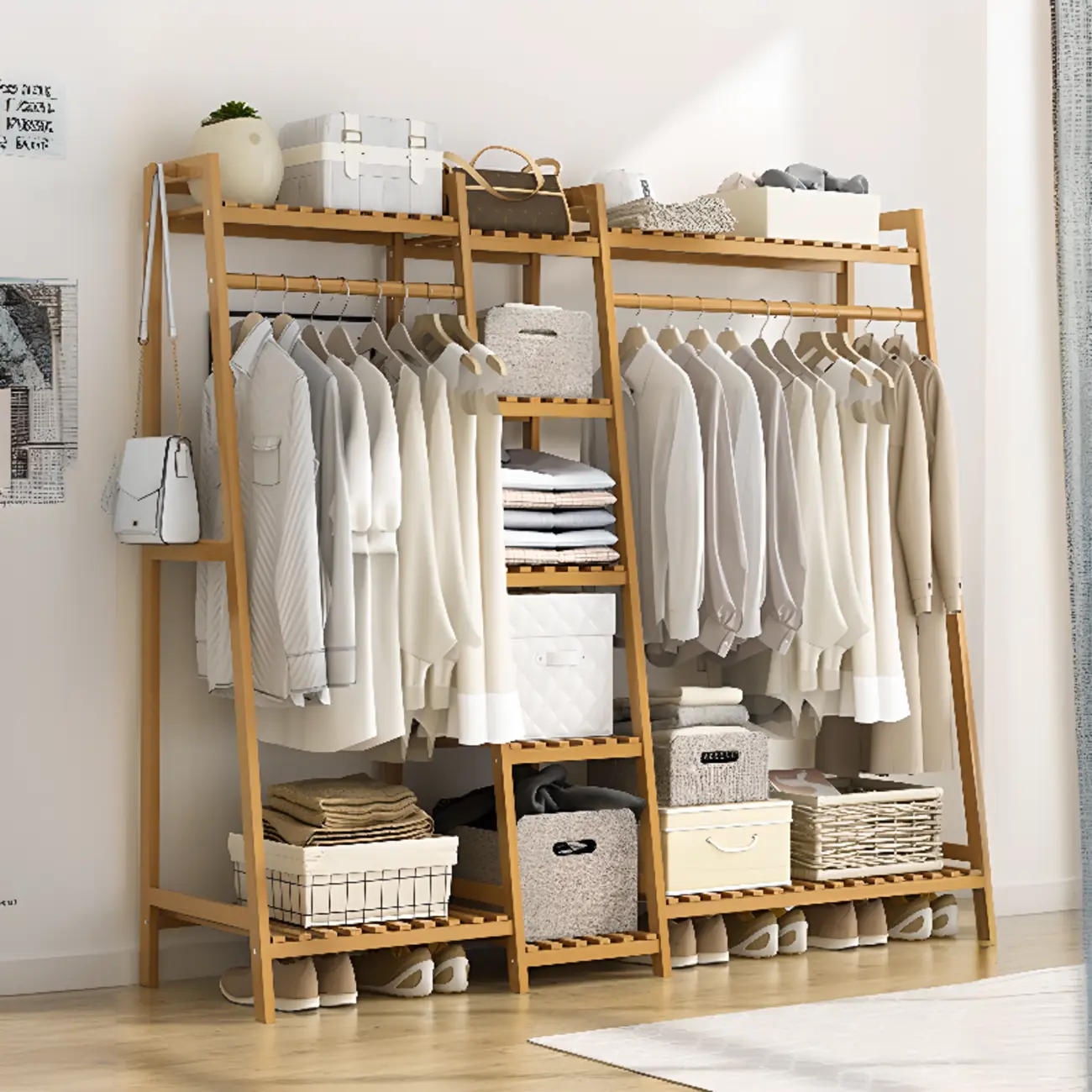 Modern Bamboo Coat Rack with Ample Storage Shelves Image - 2 | homeyfad
