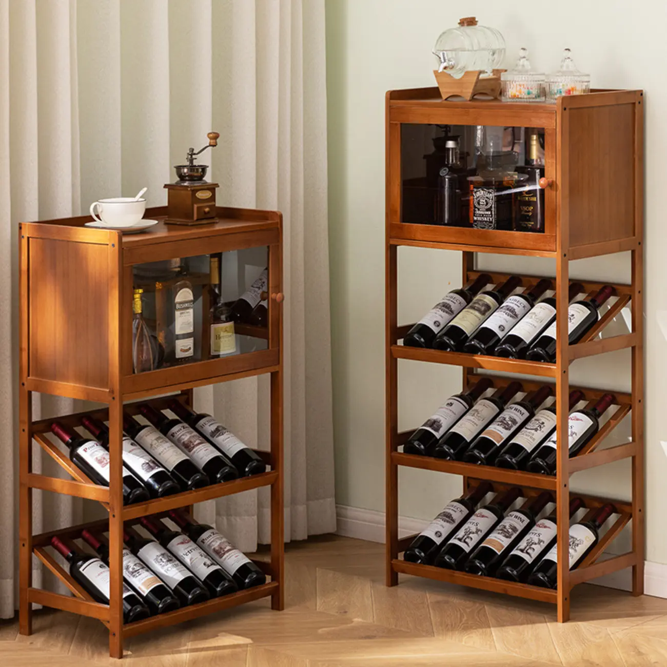 Rustic Freestanding Natural Wooden Wine Rack Cabinet Image - 2 | homeyfad