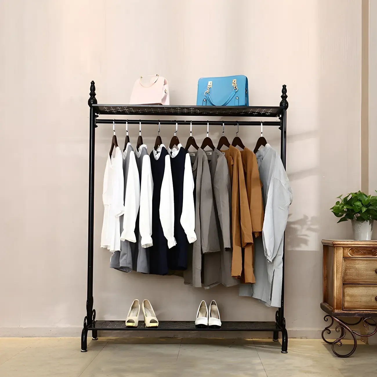 Vintage Metal Coat Rack with Shelves and Hooks Image - 3