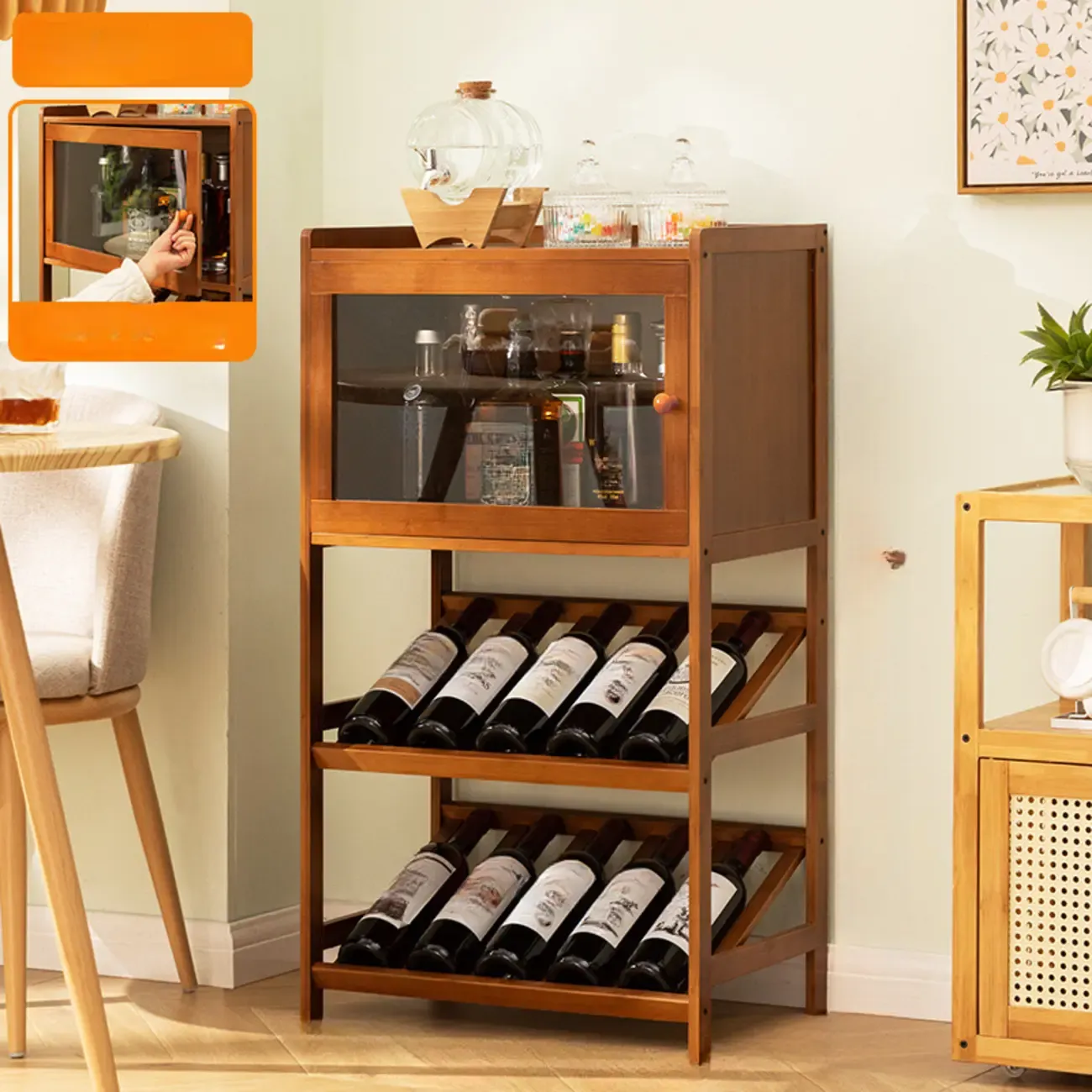 Rustic Freestanding Natural Wooden Wine Rack Cabinet Image - 4