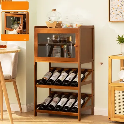 Rustic Freestanding Natural Wooden Wine Rack Cabinet Image - 4