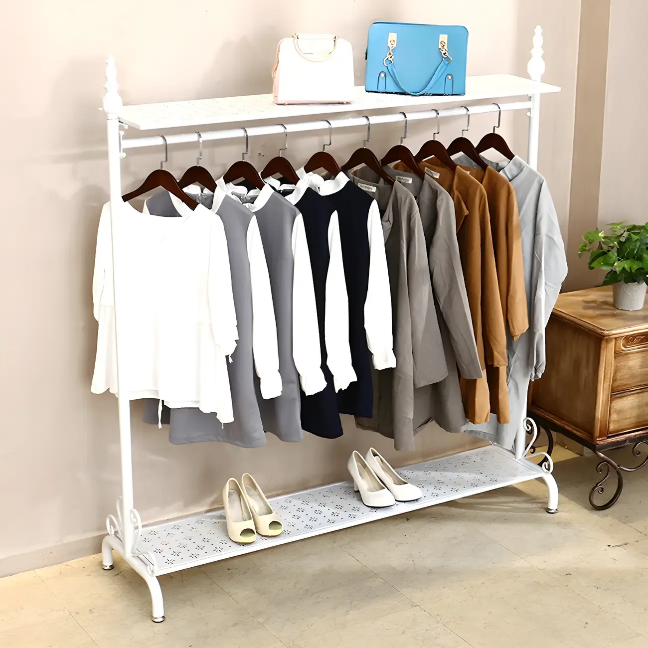 Vintage Metal Coat Rack with Shelves and Hooks Image - 4