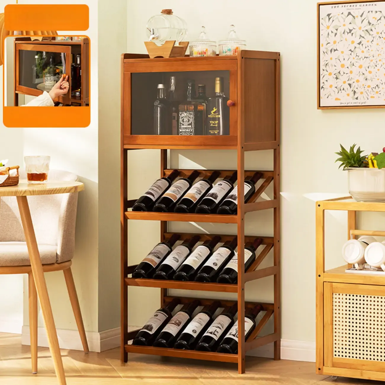 Rustic Freestanding Natural Wooden Wine Rack Cabinet Image - 5