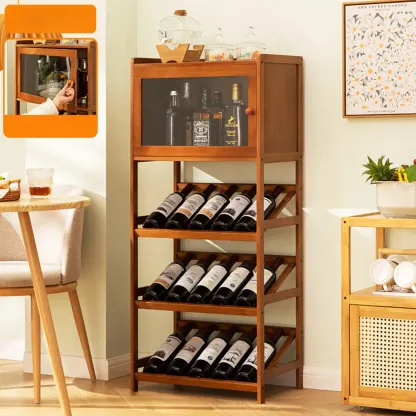 Rustic Freestanding Natural Wooden Wine Rack Cabinet Image - 5