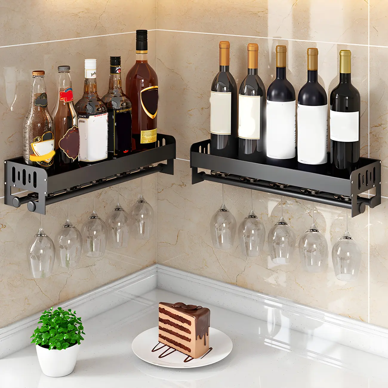 Compact Wall Mounted Black Metal Wine Rack with Glass Holder Image - 1 | homeyfad
