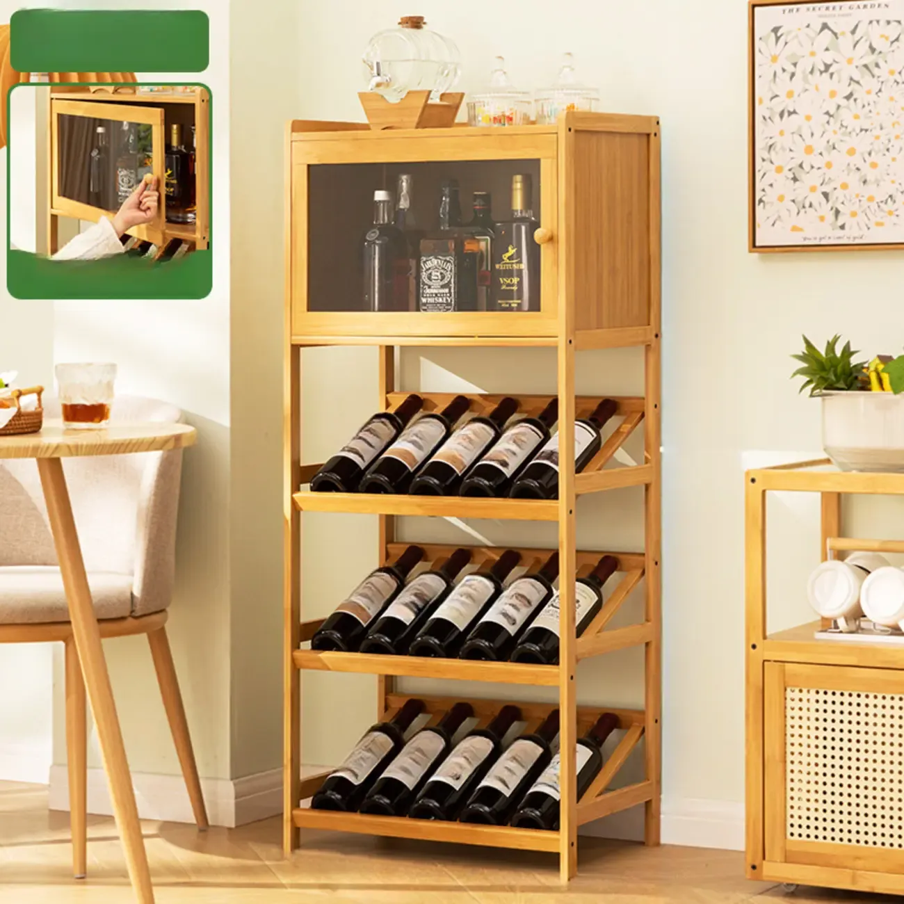 Rustic Freestanding Natural Wooden Wine Rack Cabinet Image - 6