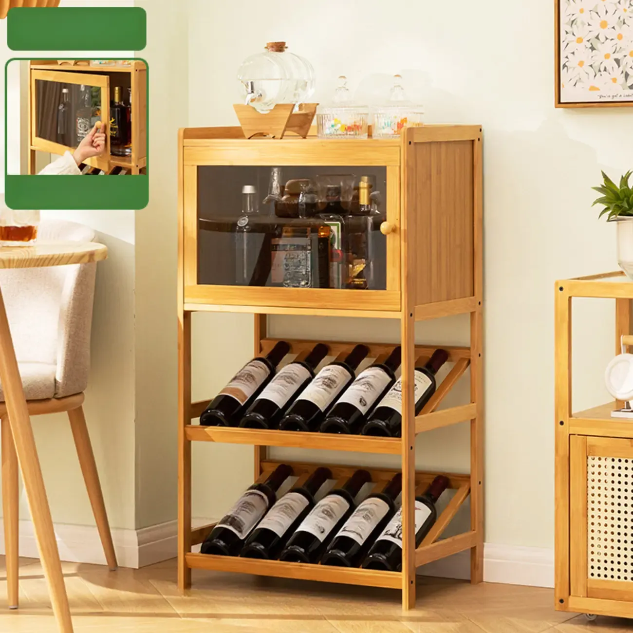 Rustic Freestanding Natural Wooden Wine Rack Cabinet Image - 7