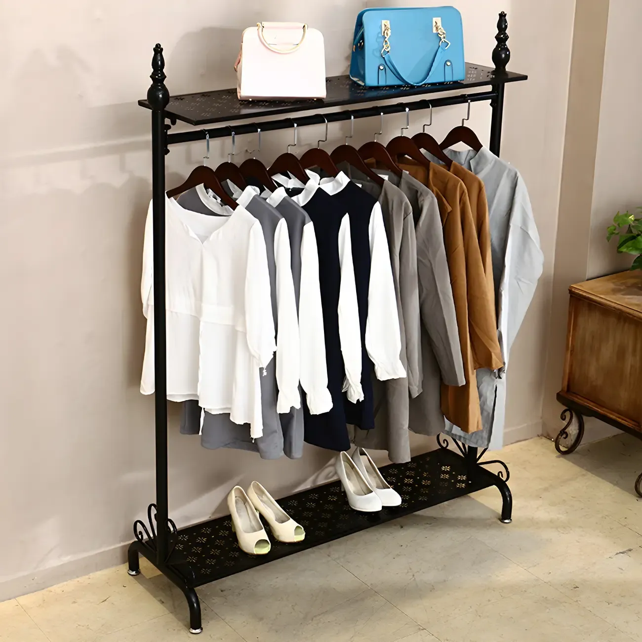 Vintage Metal Coat Rack with Shelves and Hooks Image - 9