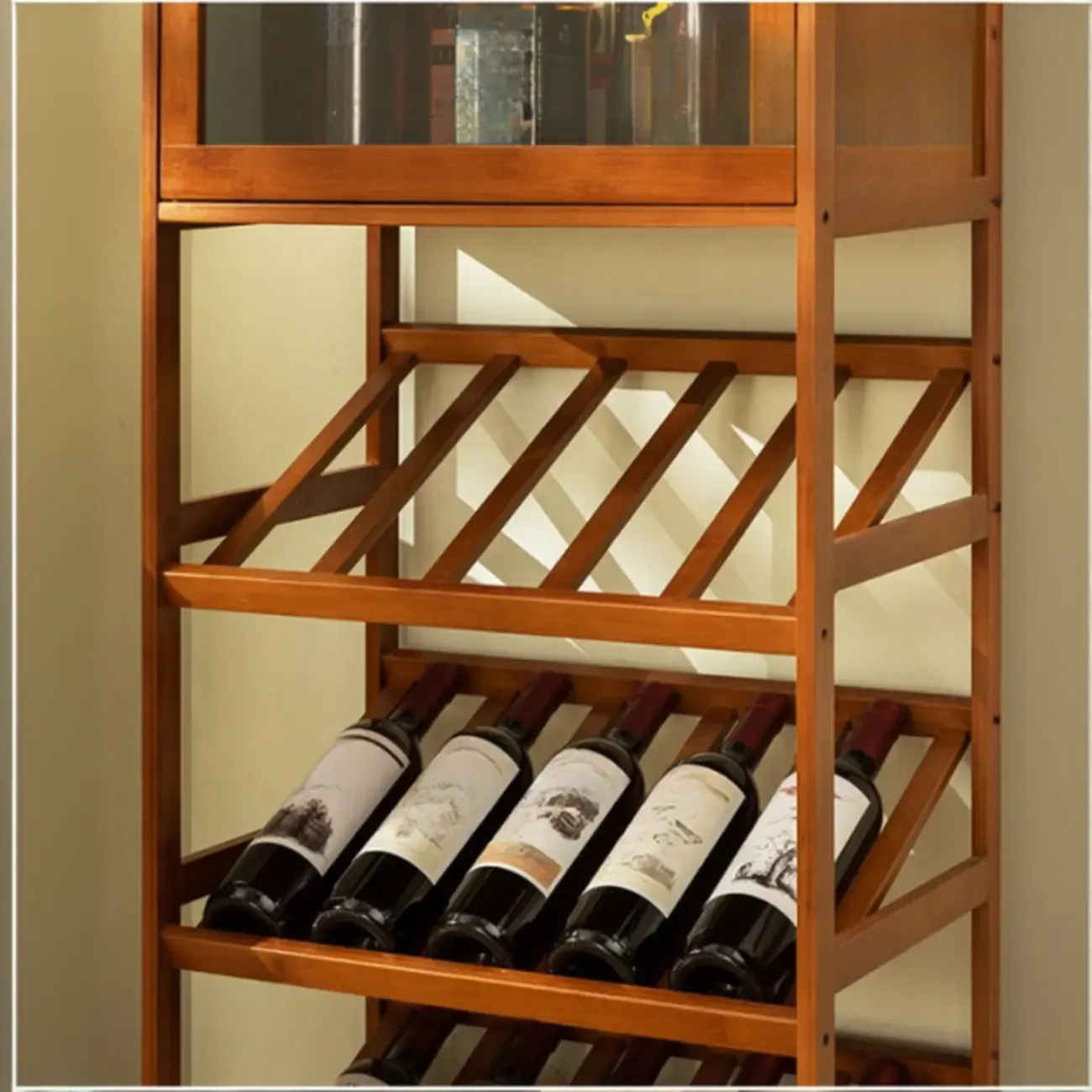 Rustic Freestanding Natural Wooden Wine Rack Cabinet Image - 9