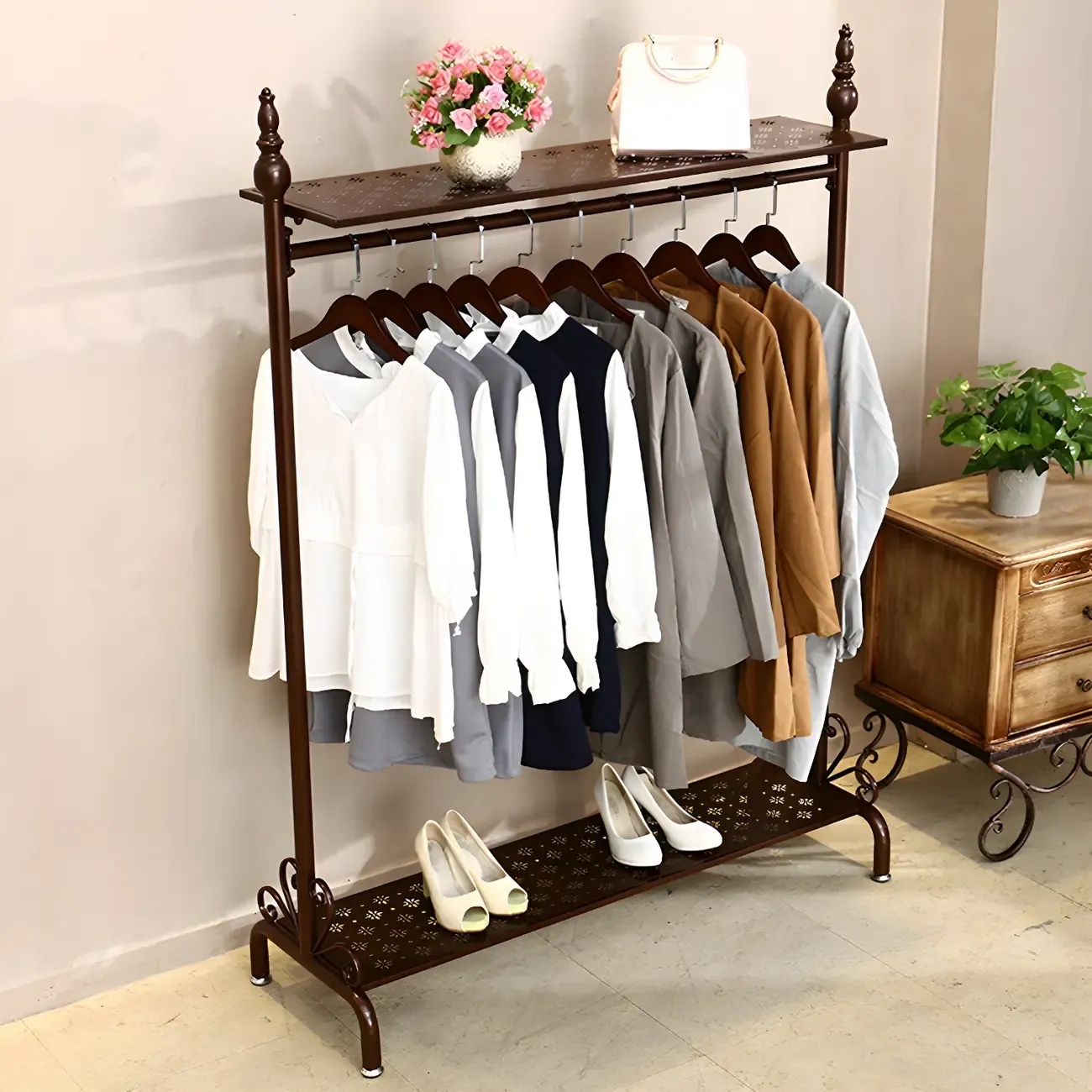 Vintage Metal Coat Rack with Shelves and Hooks Image - 10