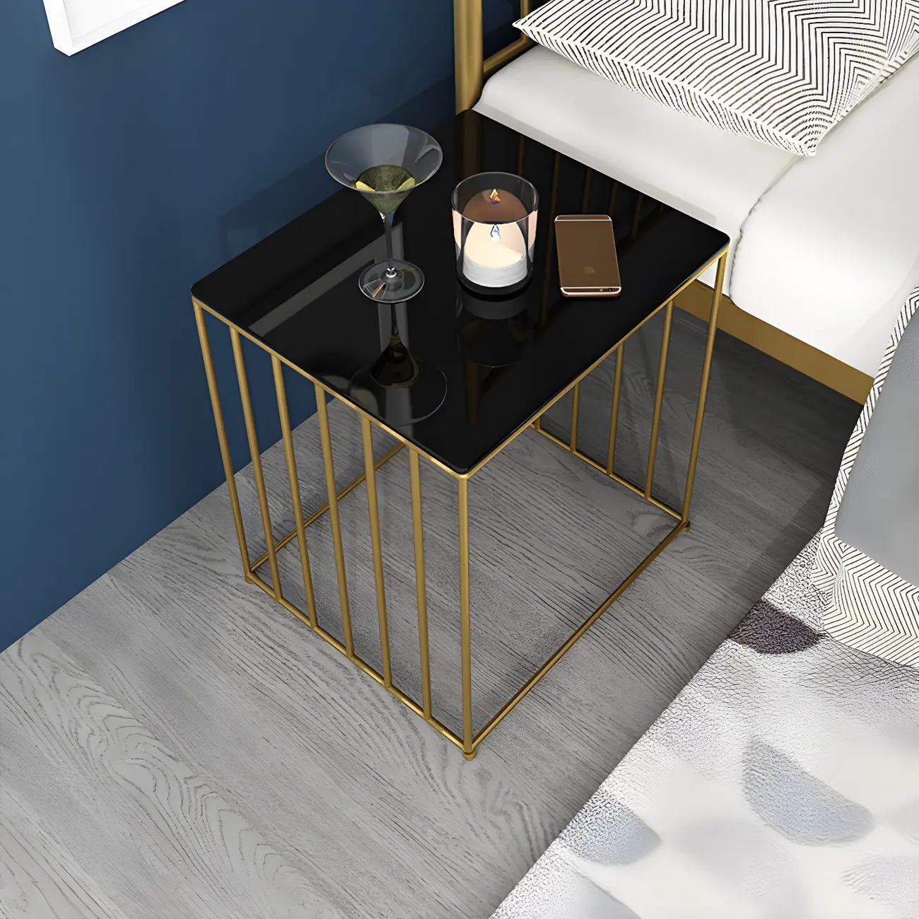 Modern Black Glass Top Metal Night Table with Stylish Design Image - 2 | homeyfad