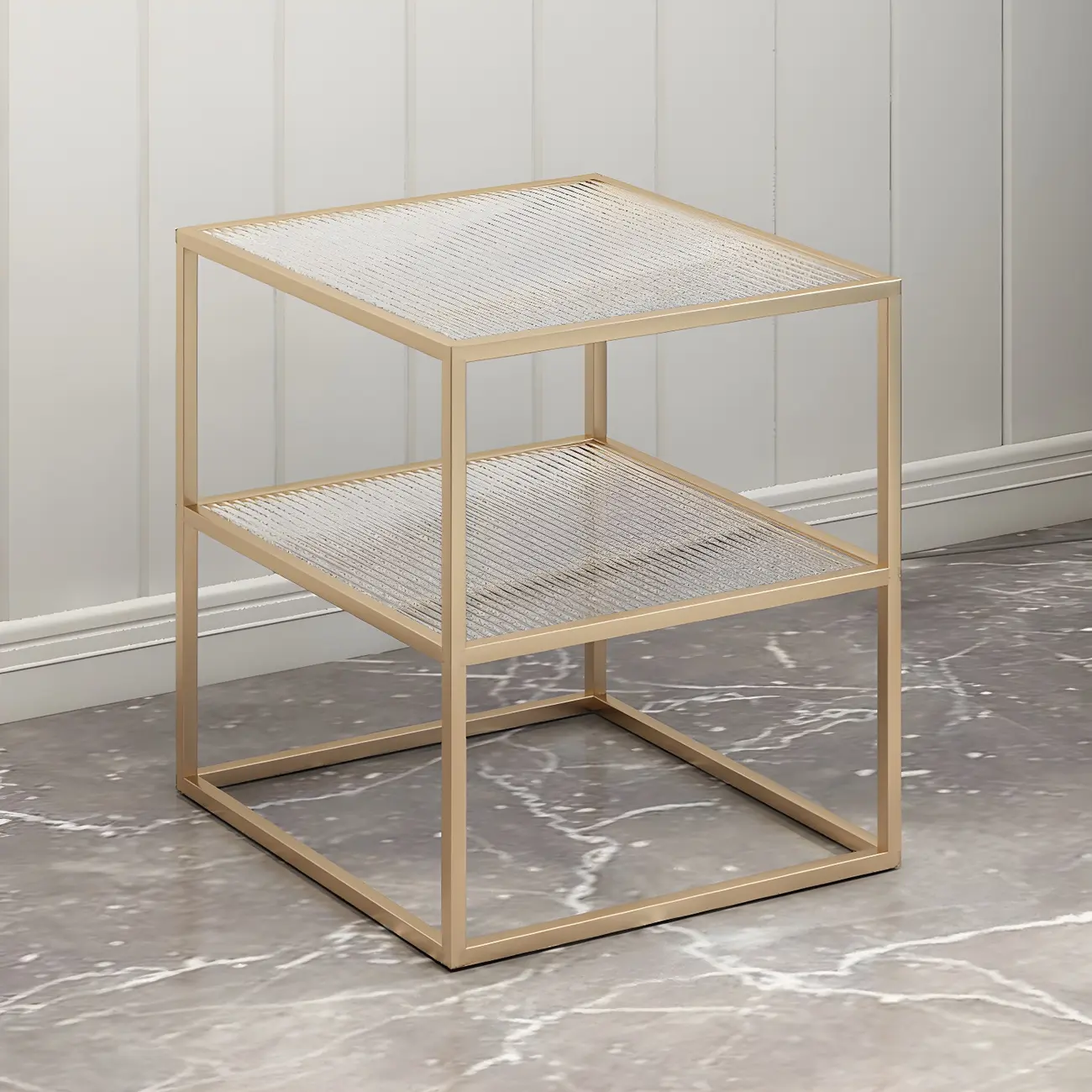 Modern Gold Frame Bedside Table with Glass Top and Open Shelf Image - 1 | homeyfad