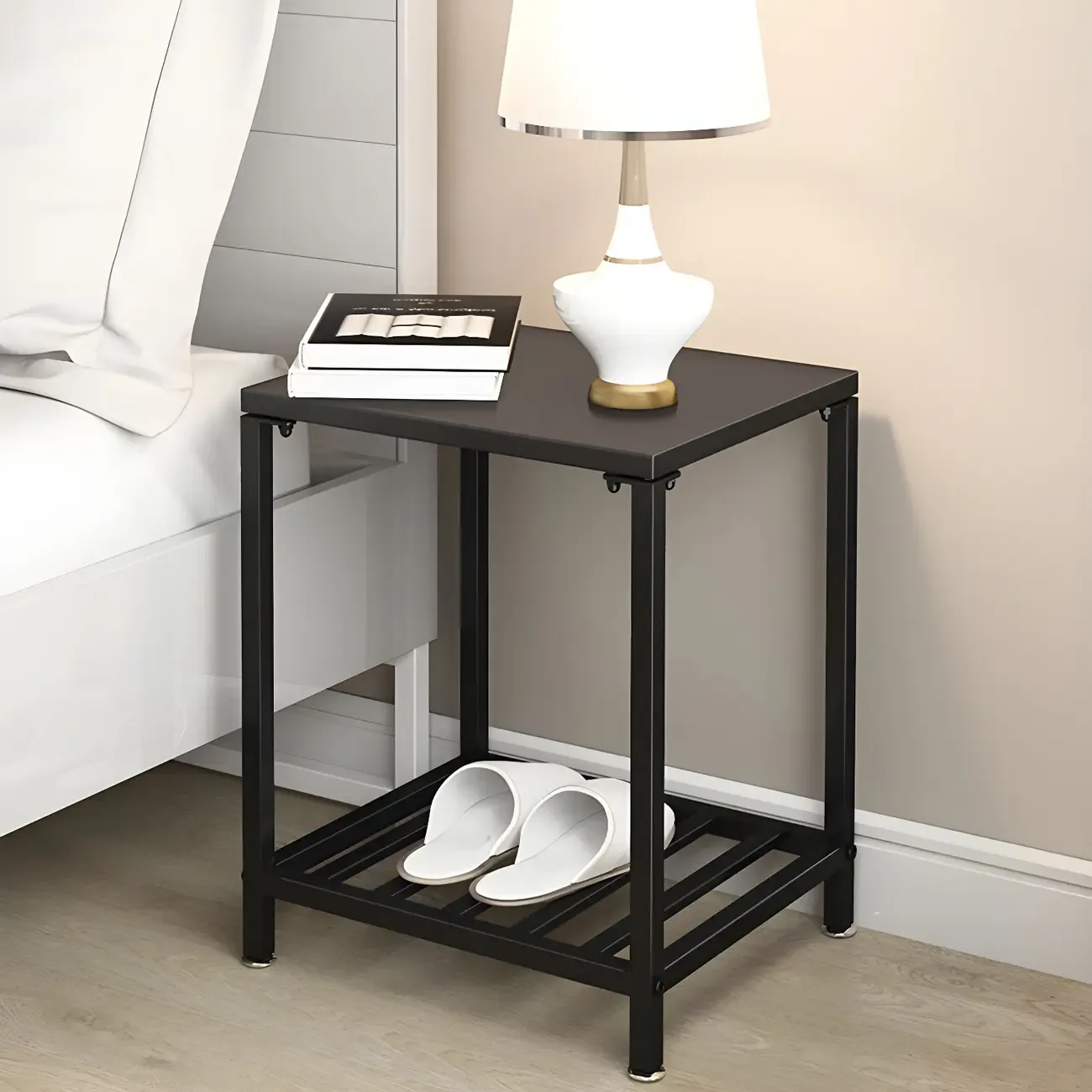 Modern Black Glass Top Metal Night Table with Stylish Design Image - 19