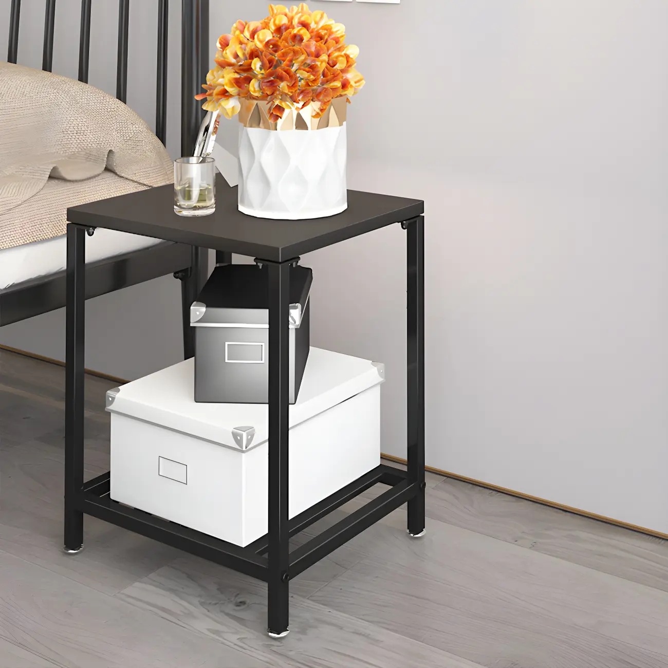 Modern Black Glass Top Metal Night Table with Stylish Design Image - 20 | homeyfad