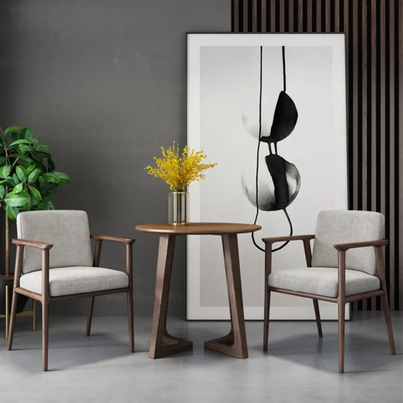 Modern Upholstered Dining Chair Square Shape with Wood Arms Image - 1