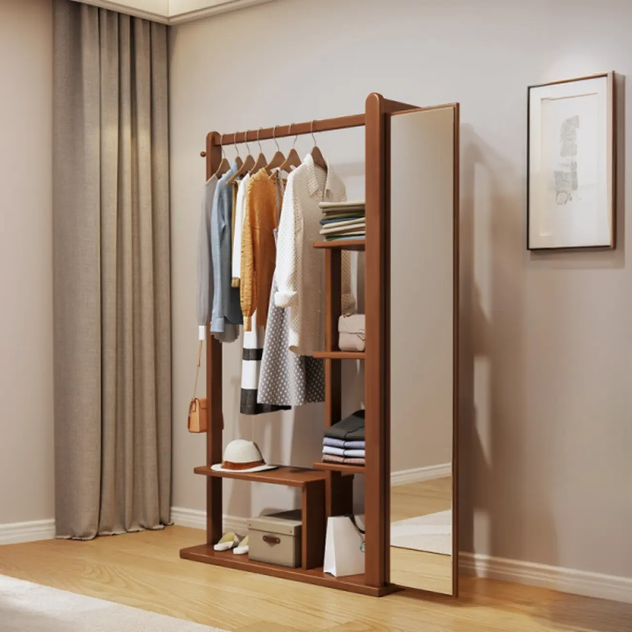 Nordic Wooden Hall Tree with Shelves and Mirror Image - 1 | homeyfad