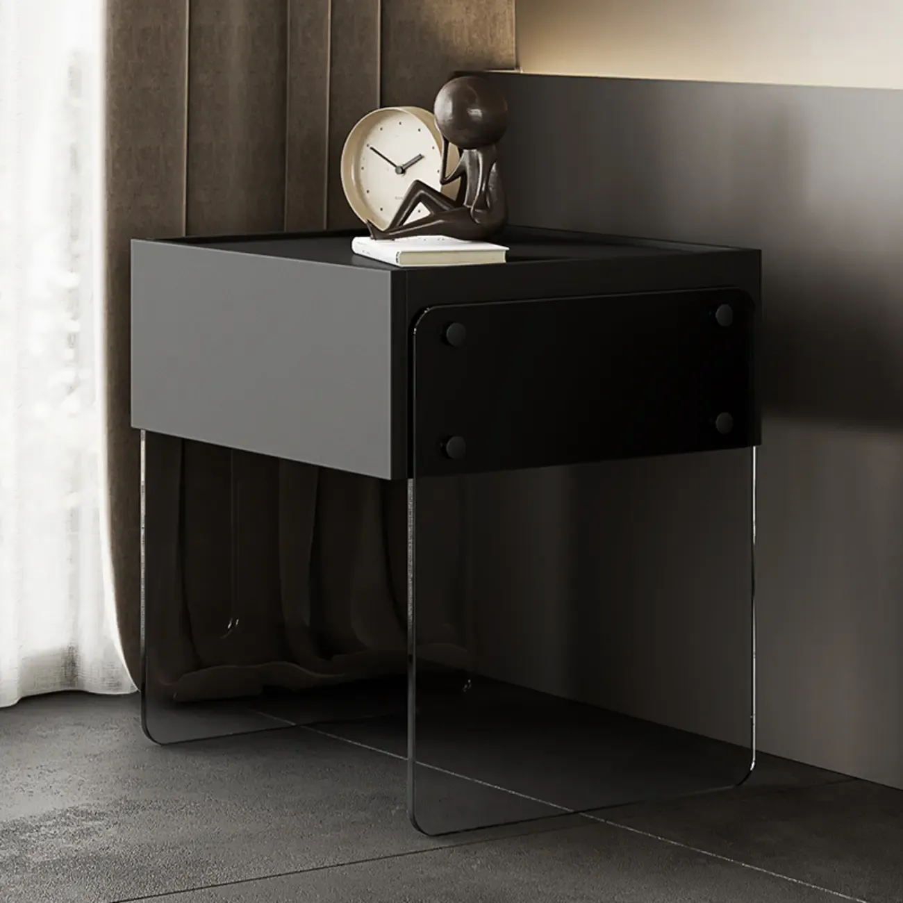 Modern Black Wood Nightstand with Glass Legs Drawer Storage Image - 1