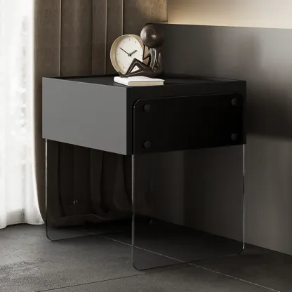 Modern Black Wood Nightstand with Glass Legs Drawer Storage Image - 1