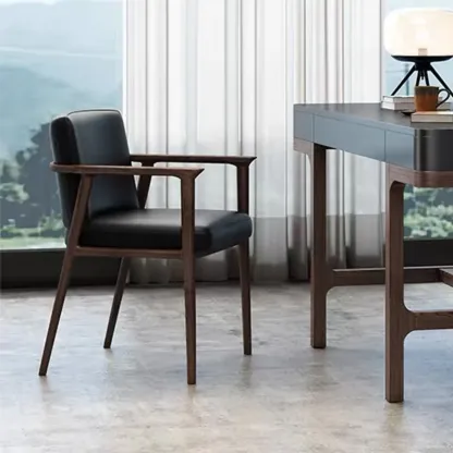 Modern Upholstered Dining Chair Square Shape with Wood Arms Image - 5